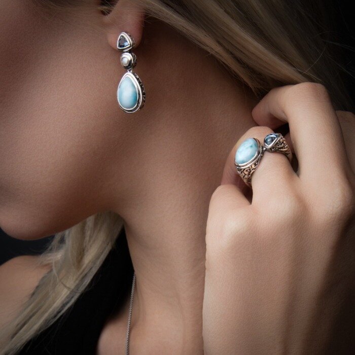 marahlago larimar Azure Pear Larimar Earrings jewelry