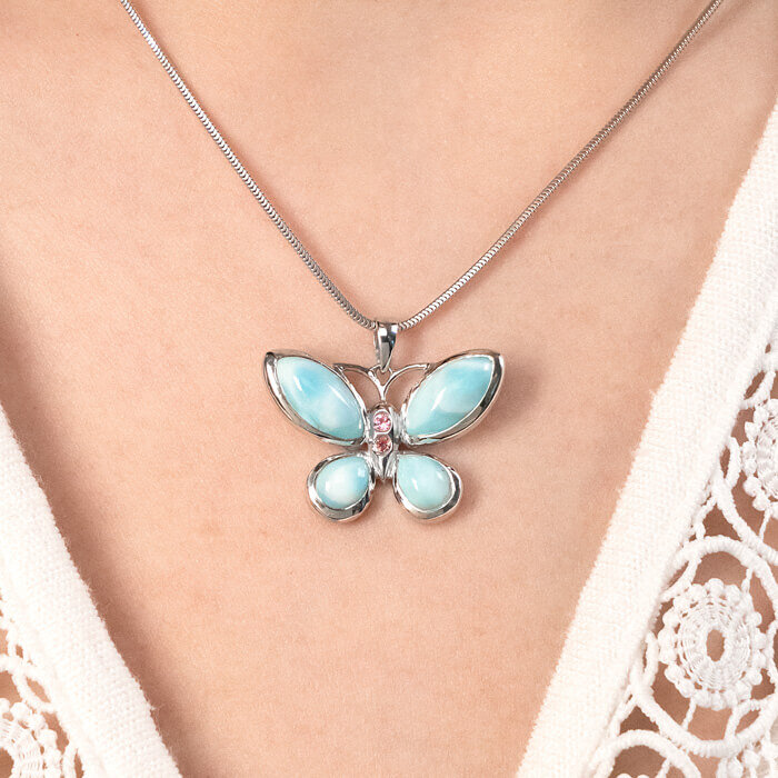 pink sapphire Butterfly Necklace on model