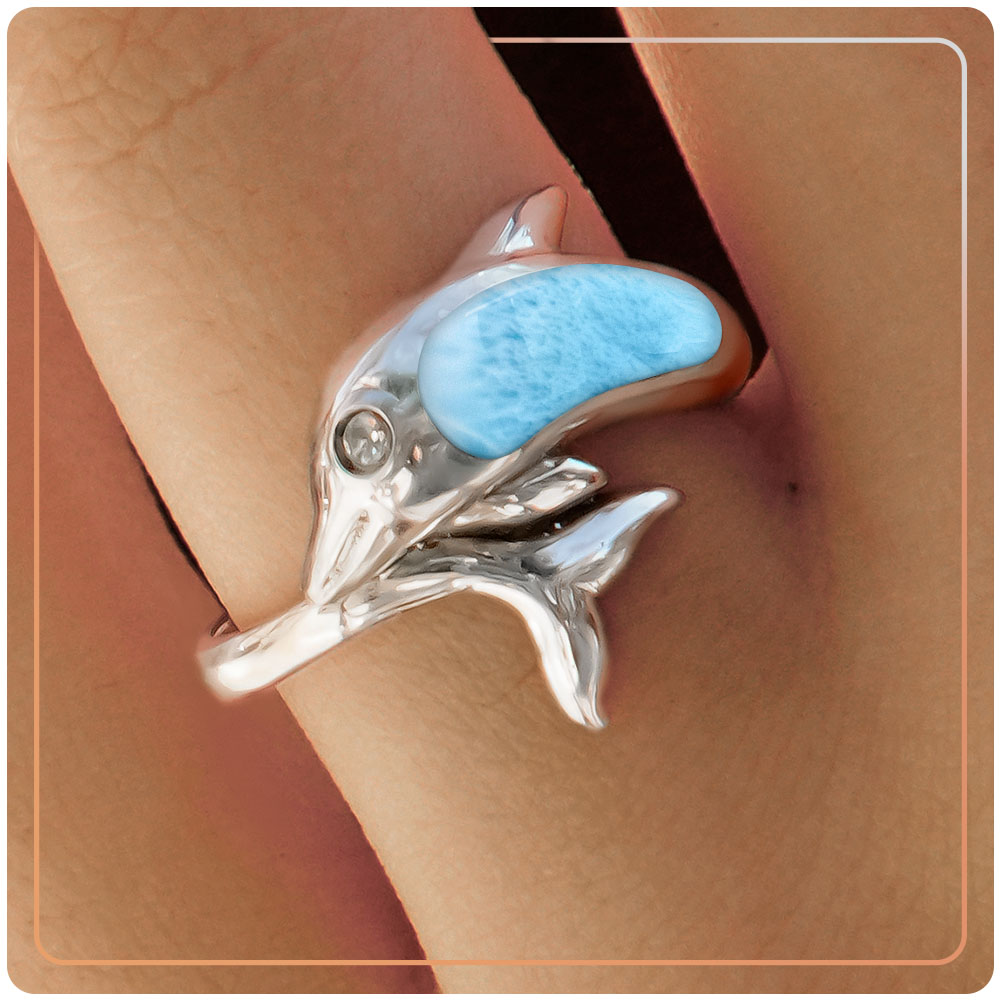 White Sapphire Dolphin Ring Larimar Stone