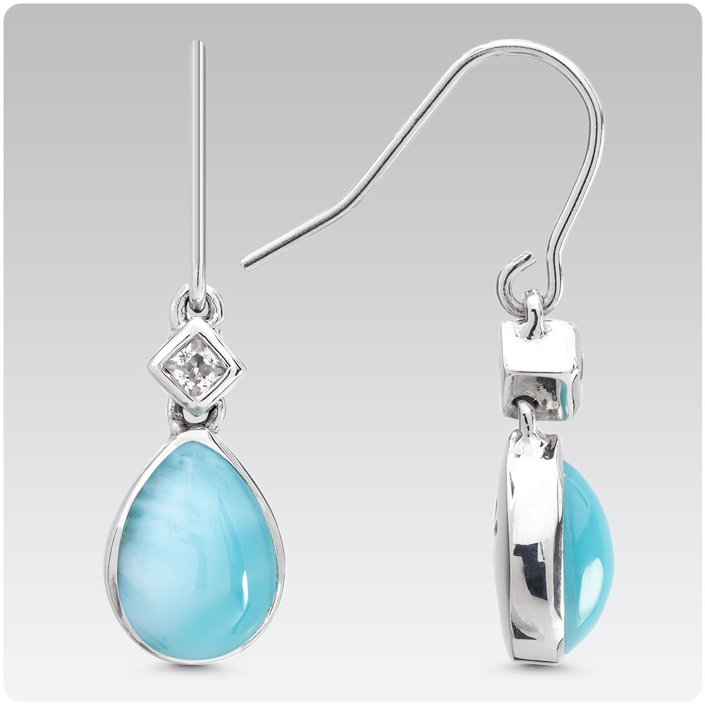 White Sapphire and Larimar Pear Dangle Earrings 
